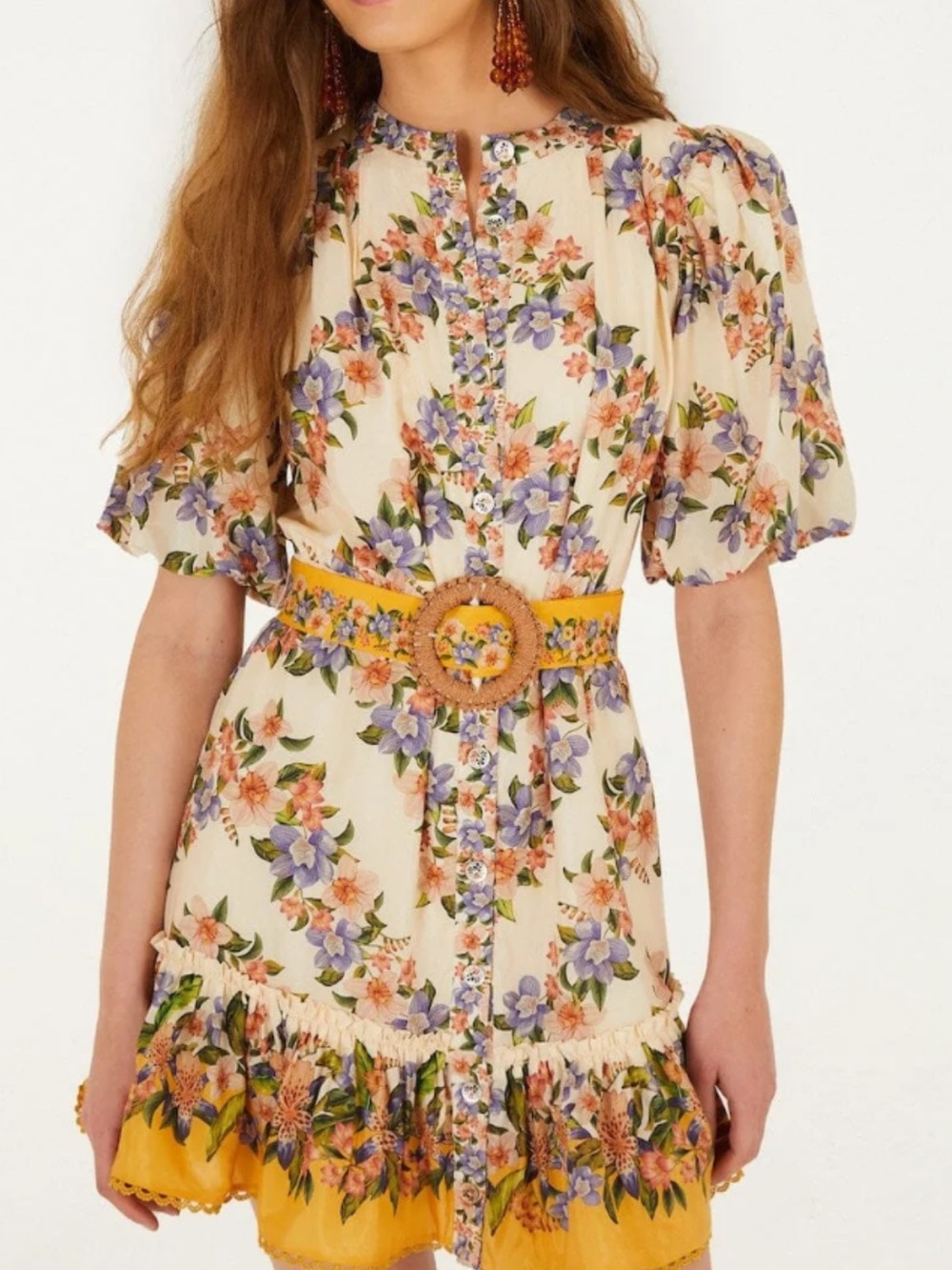 FARM Rio Cream Floral Mini Dress with Yellow Belt
